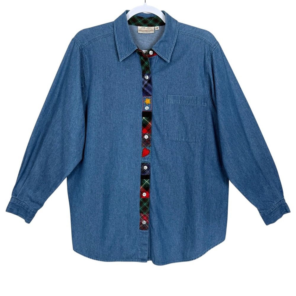 Vintage Susan Bristol Denim Button Front Shirt  Plaid Flannel Trim Size 1W
